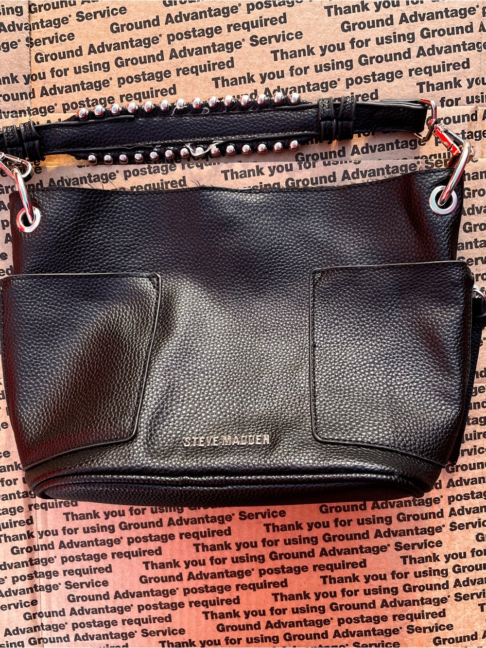 Steve Madden Black Pebbled Leather Shoulder Bag with Studded Handle - Picture 2 of 8